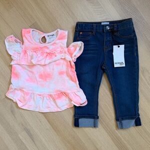 Hudson Kids Pink Ruffle Top and Blue Jeans Set 4T